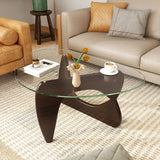 Mesa de centro triangular con tapa de cristal templado y base ajustable de madera de caucho