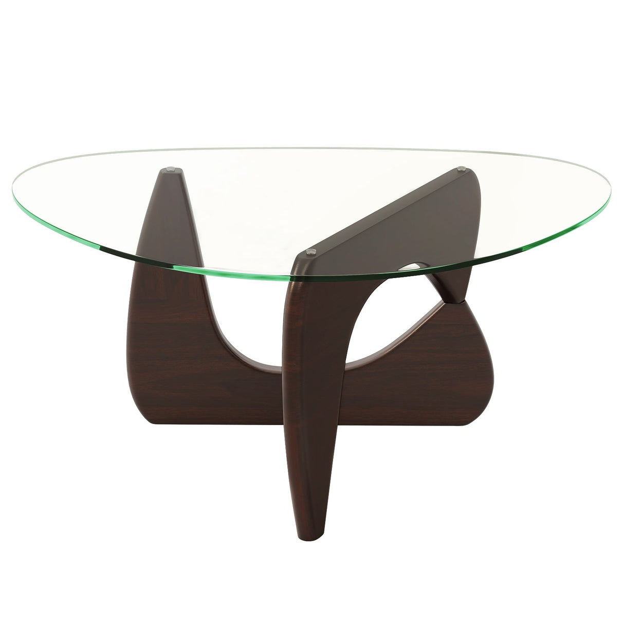 Mesa de centro triangular con tapa de cristal templado y base ajustable de madera de caucho