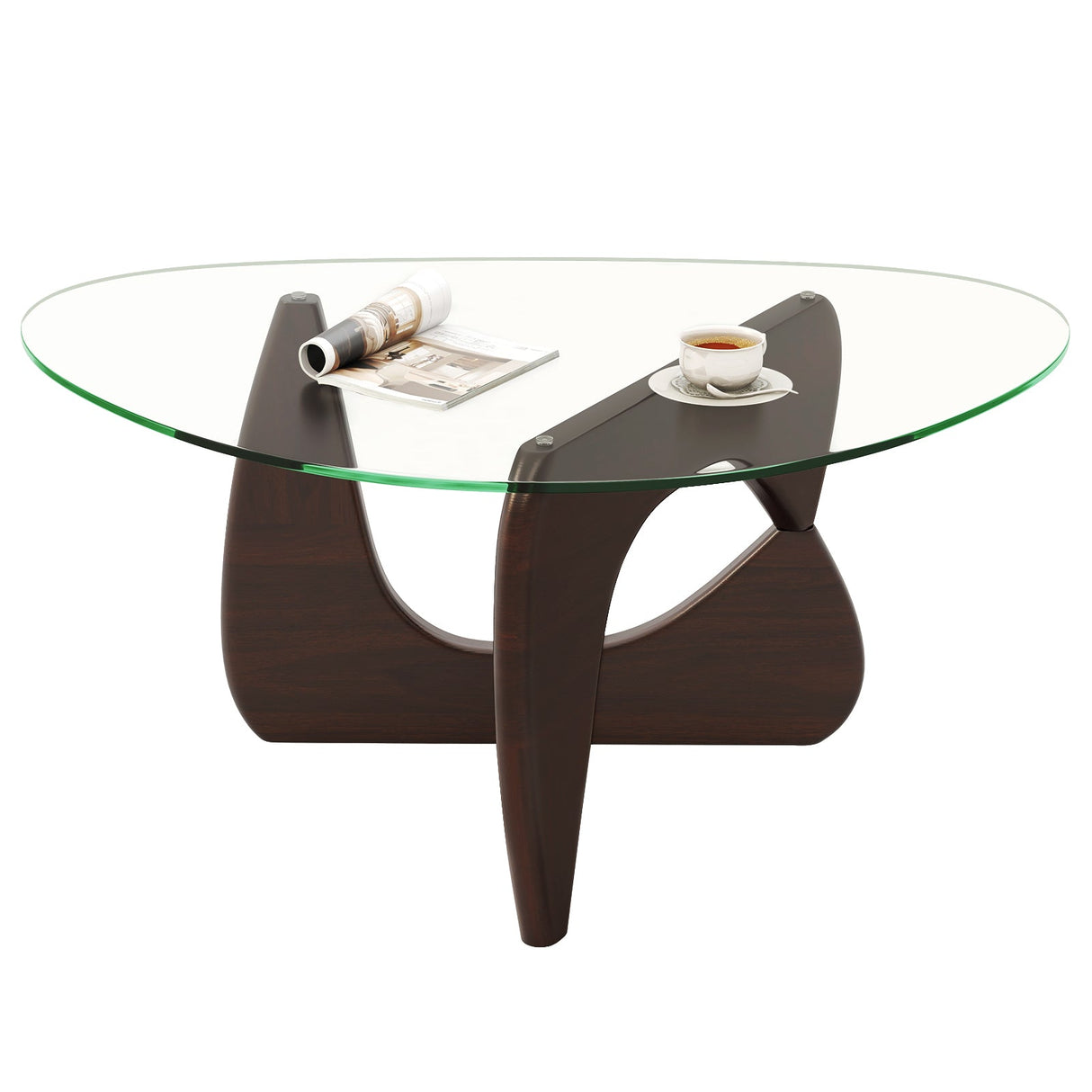 Mesa de centro triangular con tapa de cristal templado y base ajustable de madera de caucho