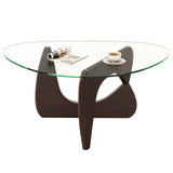 Mesa de centro triangular con tapa de cristal templado y base ajustable de madera de caucho
