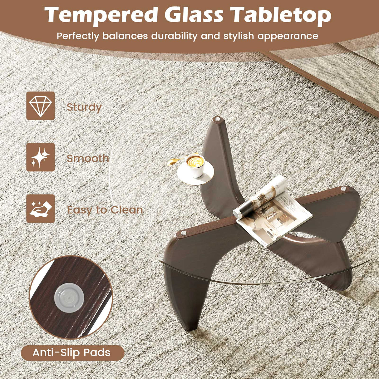 Mesa de centro triangular con tapa de cristal templado y base ajustable de madera de caucho
