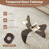 Mesa de centro triangular con tapa de cristal templado y base ajustable de madera de caucho