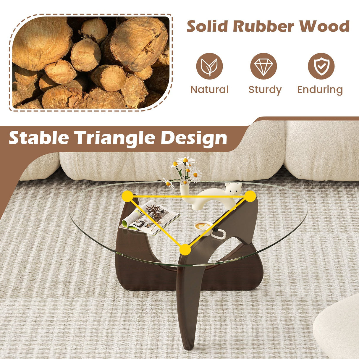 Mesa de centro triangular con tapa de cristal templado y base ajustable de madera de caucho