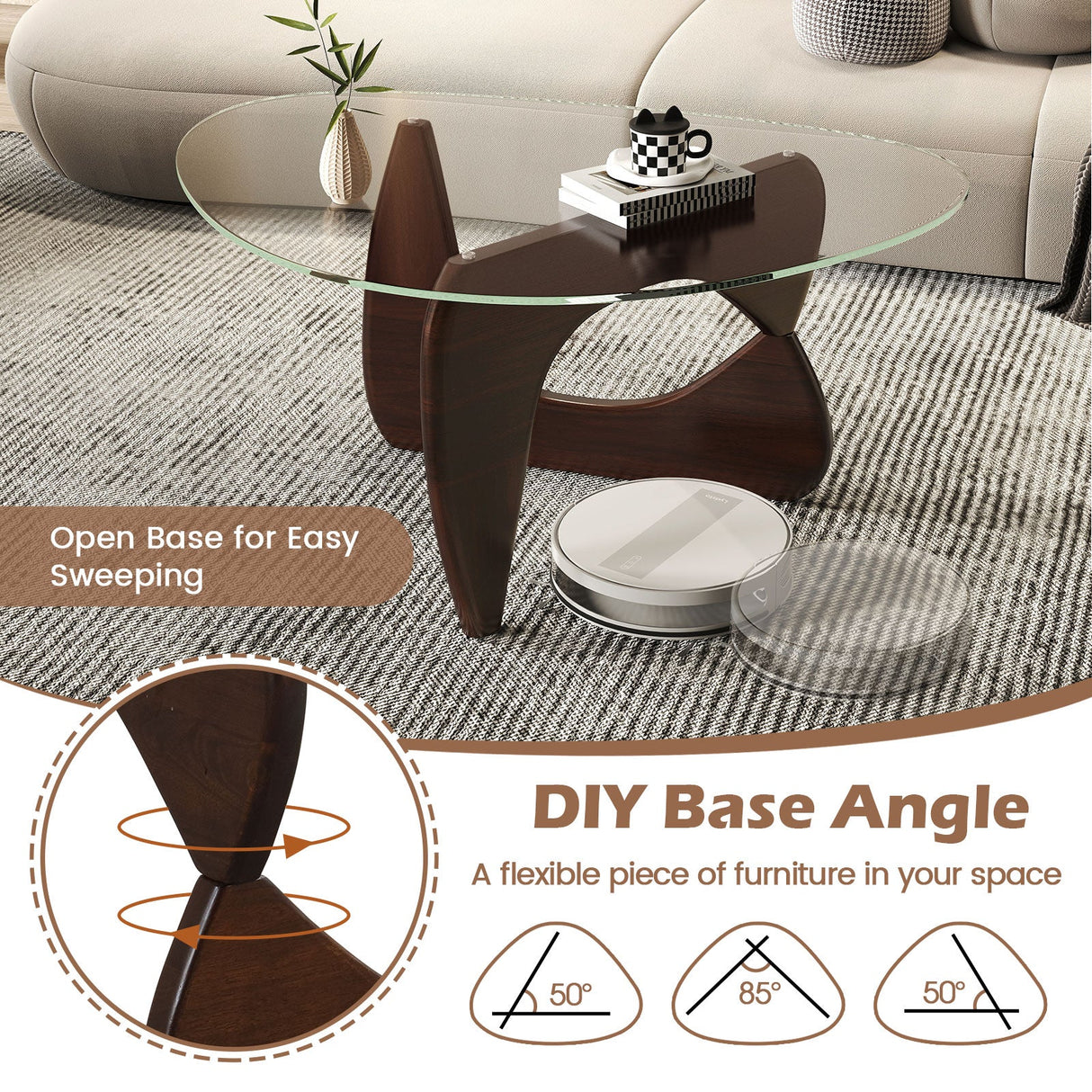 Mesa de centro triangular con tapa de cristal templado y base ajustable de madera de caucho