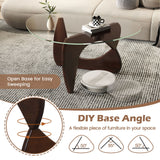 Mesa de centro triangular con tapa de cristal templado y base ajustable de madera de caucho