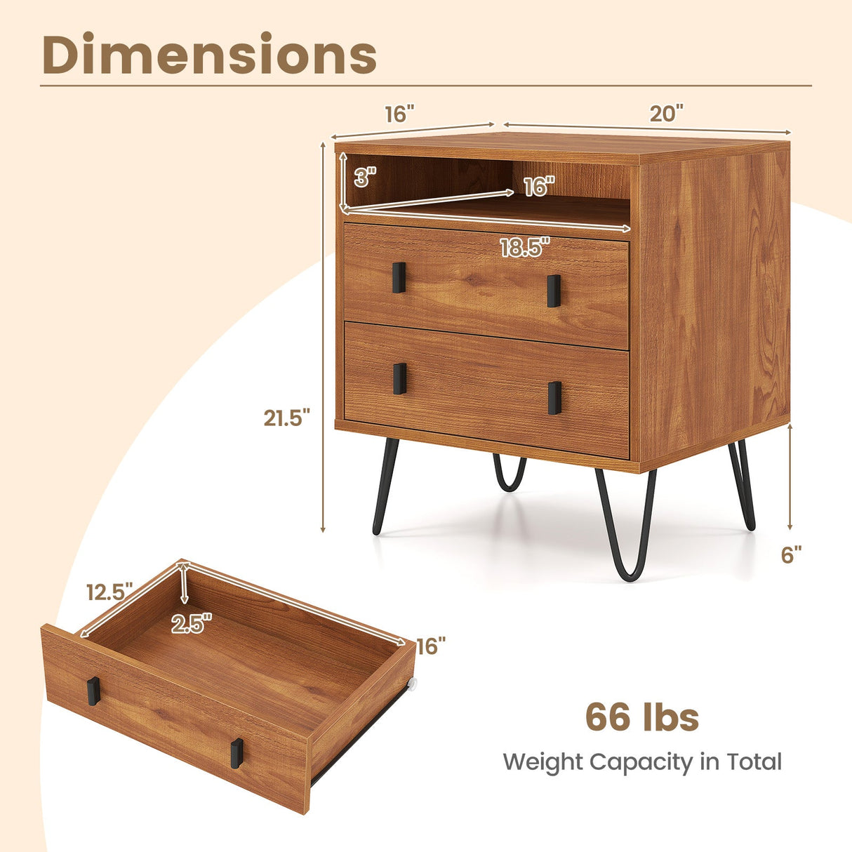 Mesita de Noche Mid Century Moderna con 2 Cajones y Compartimento de Almacenamiento - Nogal