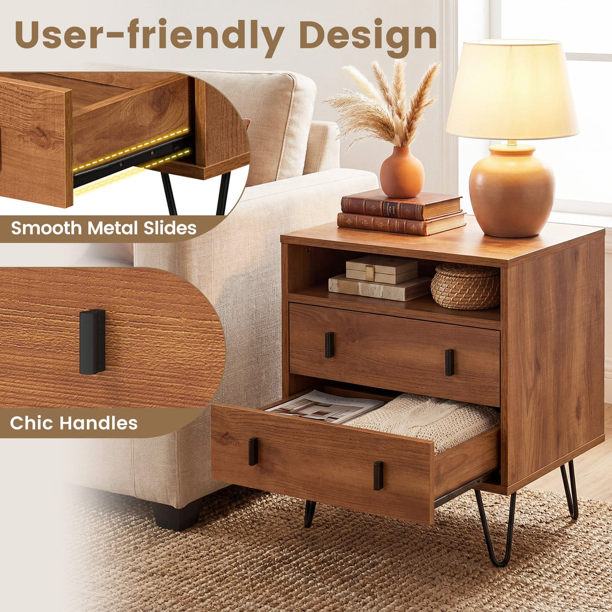 Mesita de Noche Mid Century Moderna con 2 Cajones y Compartimento de Almacenamiento - Nogal