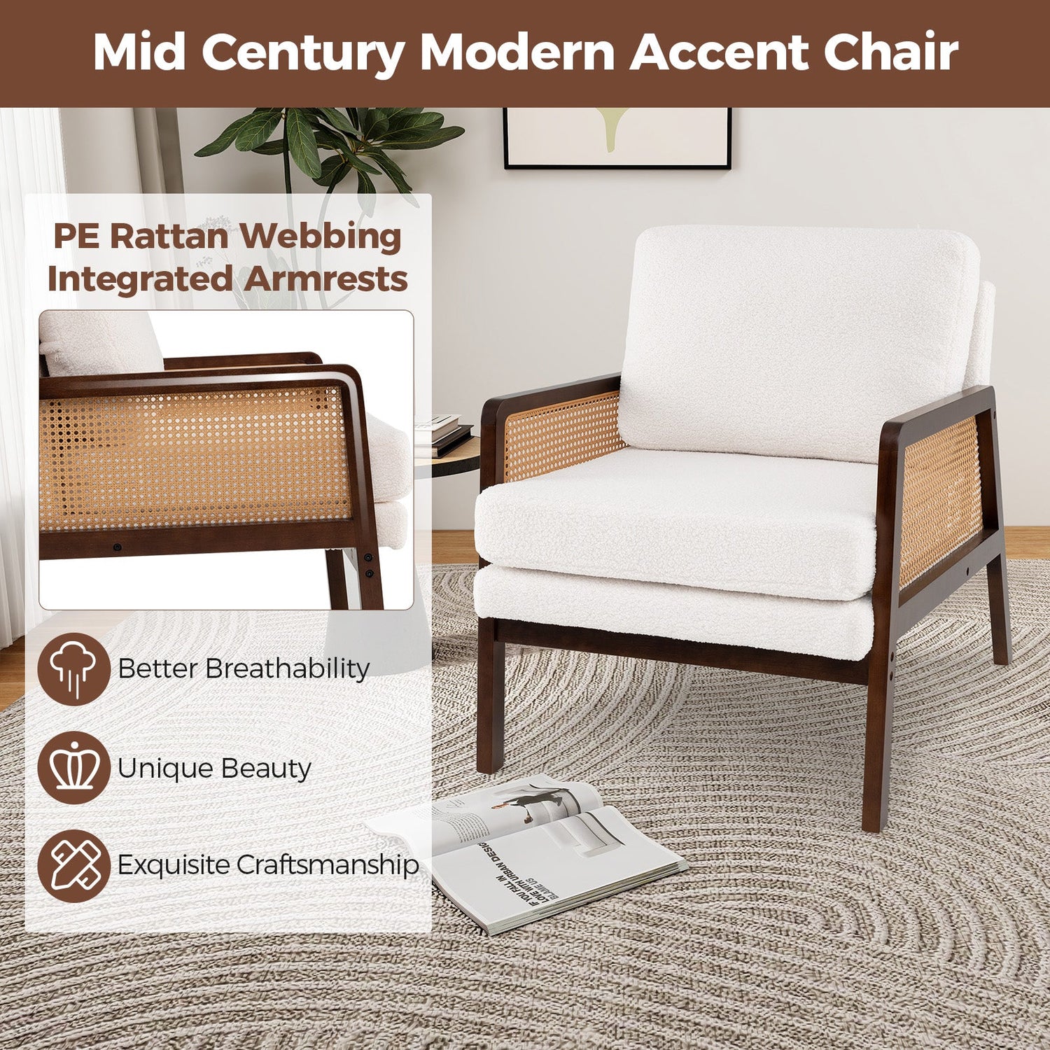 Sillón auxiliar Mid Century Modern con brazos de ratán y cojín