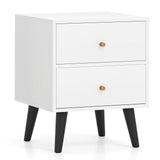 Mesita de noche Mid Century Modern con pomos dorados y patas de soporte elevadas - Blanco