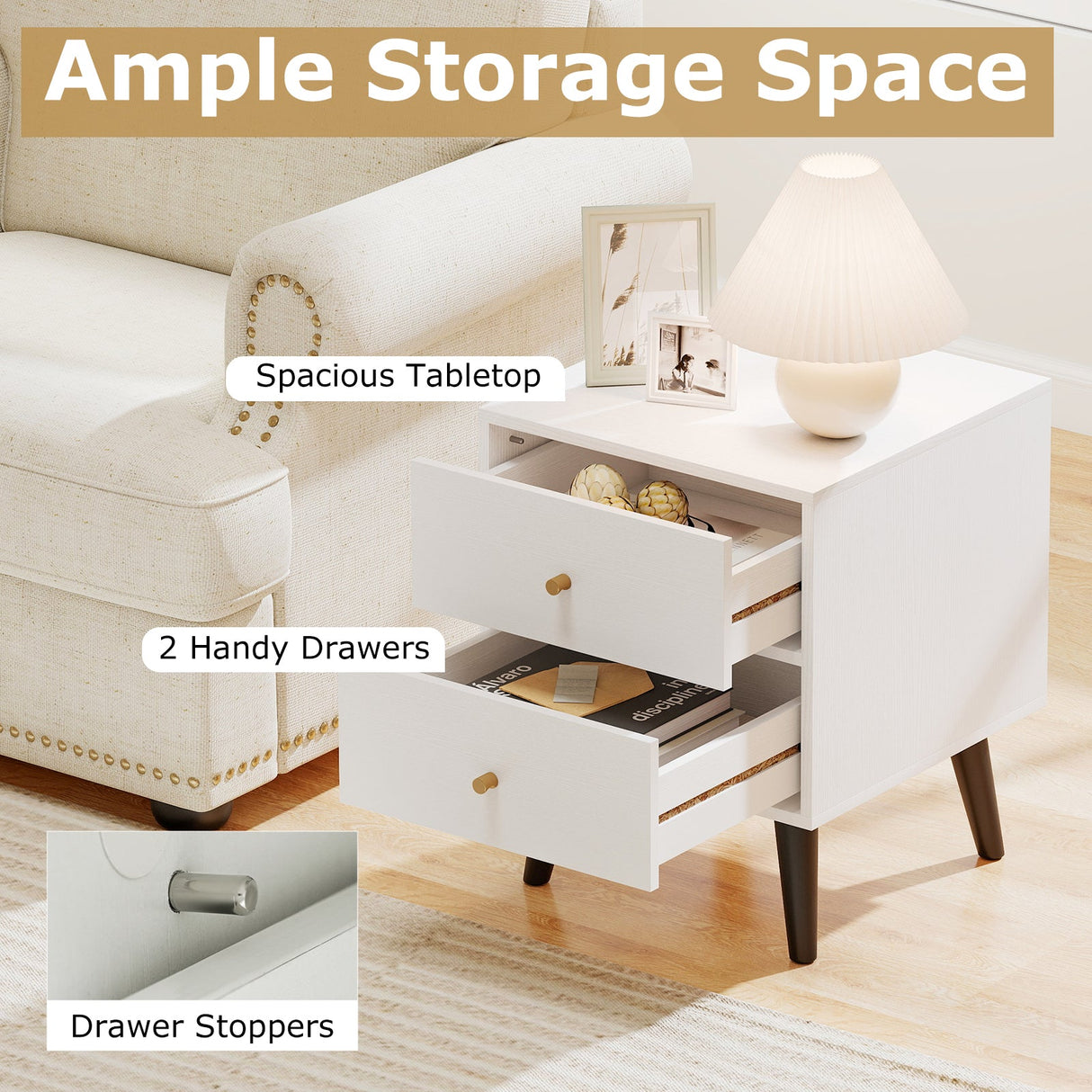 Mesita de noche Mid Century Modern con pomos dorados y patas de soporte elevadas - Blanco