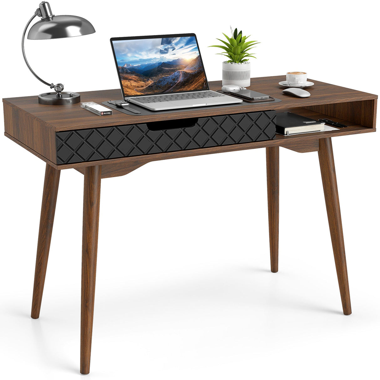 Escritorio para computadora moderno de mediados de siglo con cajón y compartimento abierto - Marrón