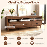 Mid Century Modern TV Stand for TVs up to 70" with 3 Storage Drawers and Open Shelves-Walnut