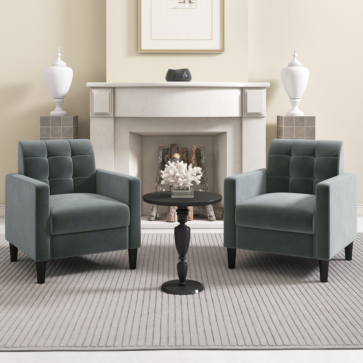 Sillón de terciopelo de mediados de siglo con respaldo capitoné - Gris