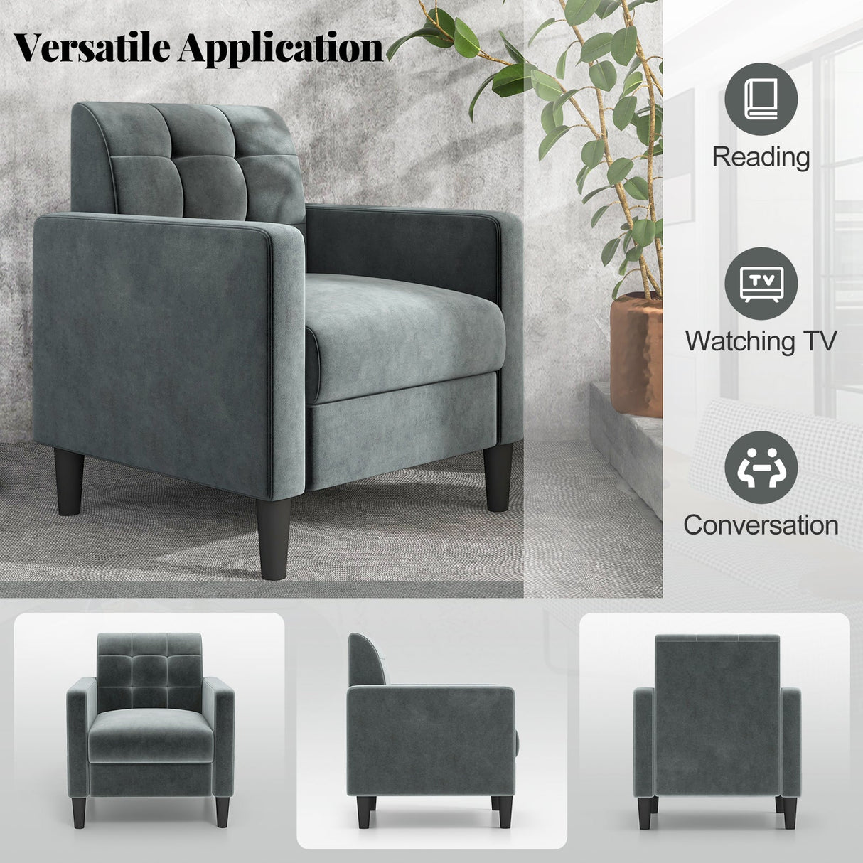 Sillón de terciopelo de mediados de siglo con respaldo capitoné - Gris
