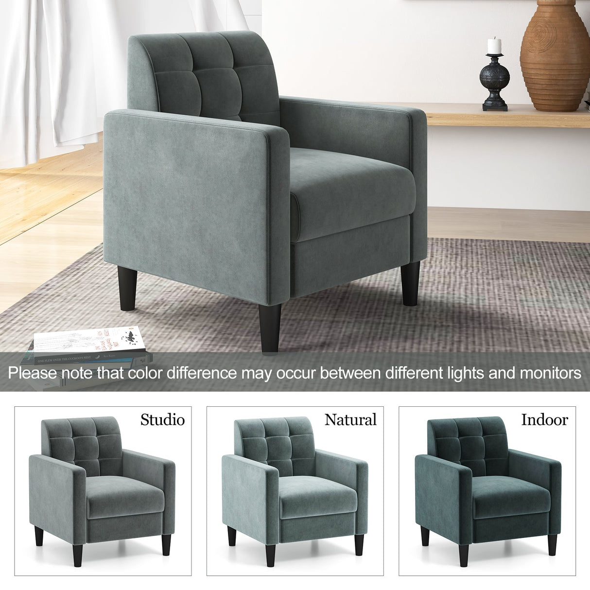 Sillón de terciopelo de mediados de siglo con respaldo capitoné - Gris