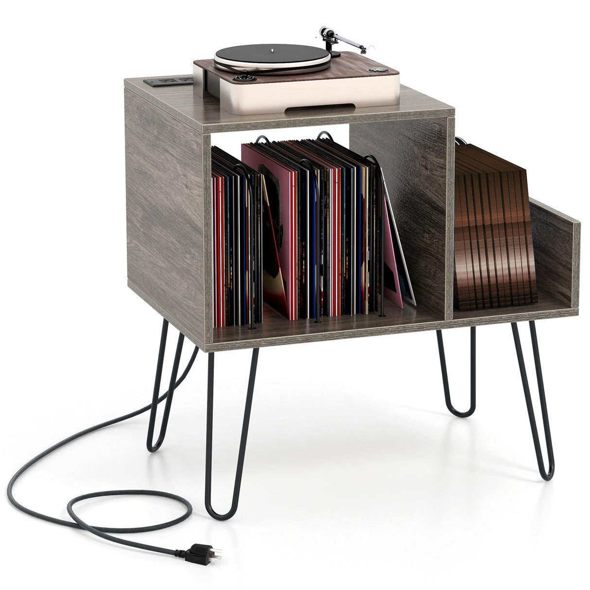 Mueble para tocadiscos de mediados de siglo con toma de corriente y divisor para vinilos