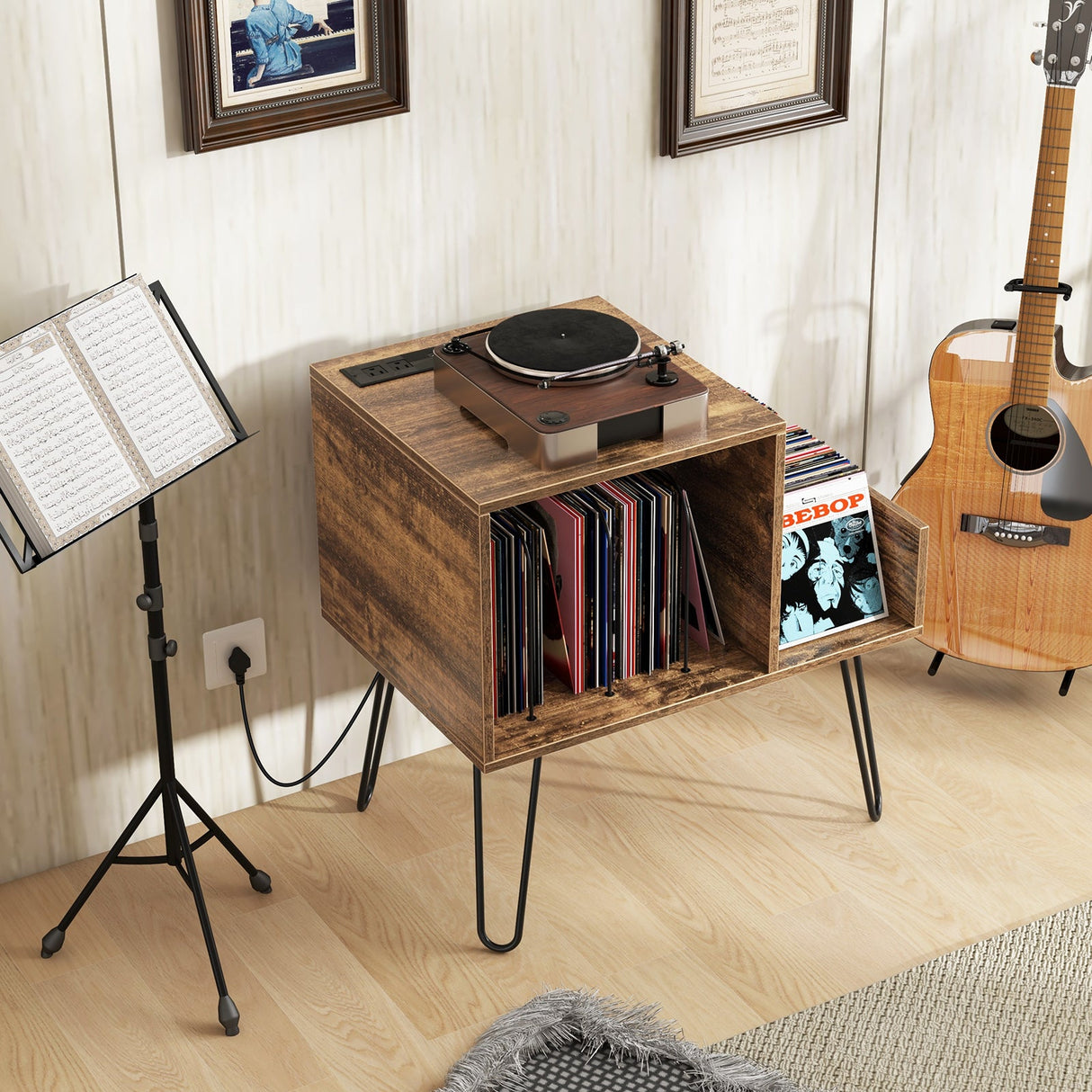 Mueble para tocadiscos de mediados de siglo con toma de corriente y divisor para vinilos