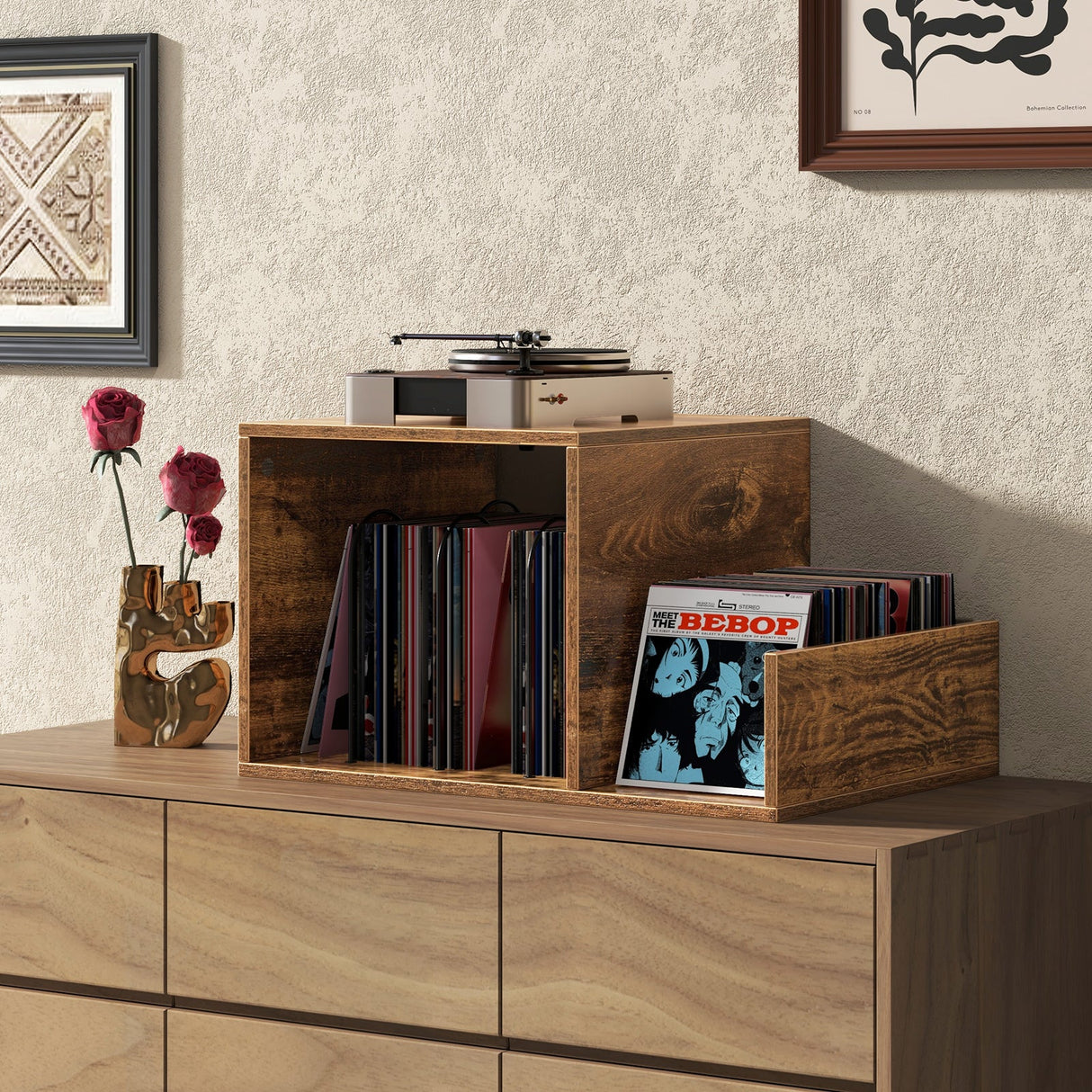 Mueble para tocadiscos de mediados de siglo con toma de corriente y divisor para vinilos