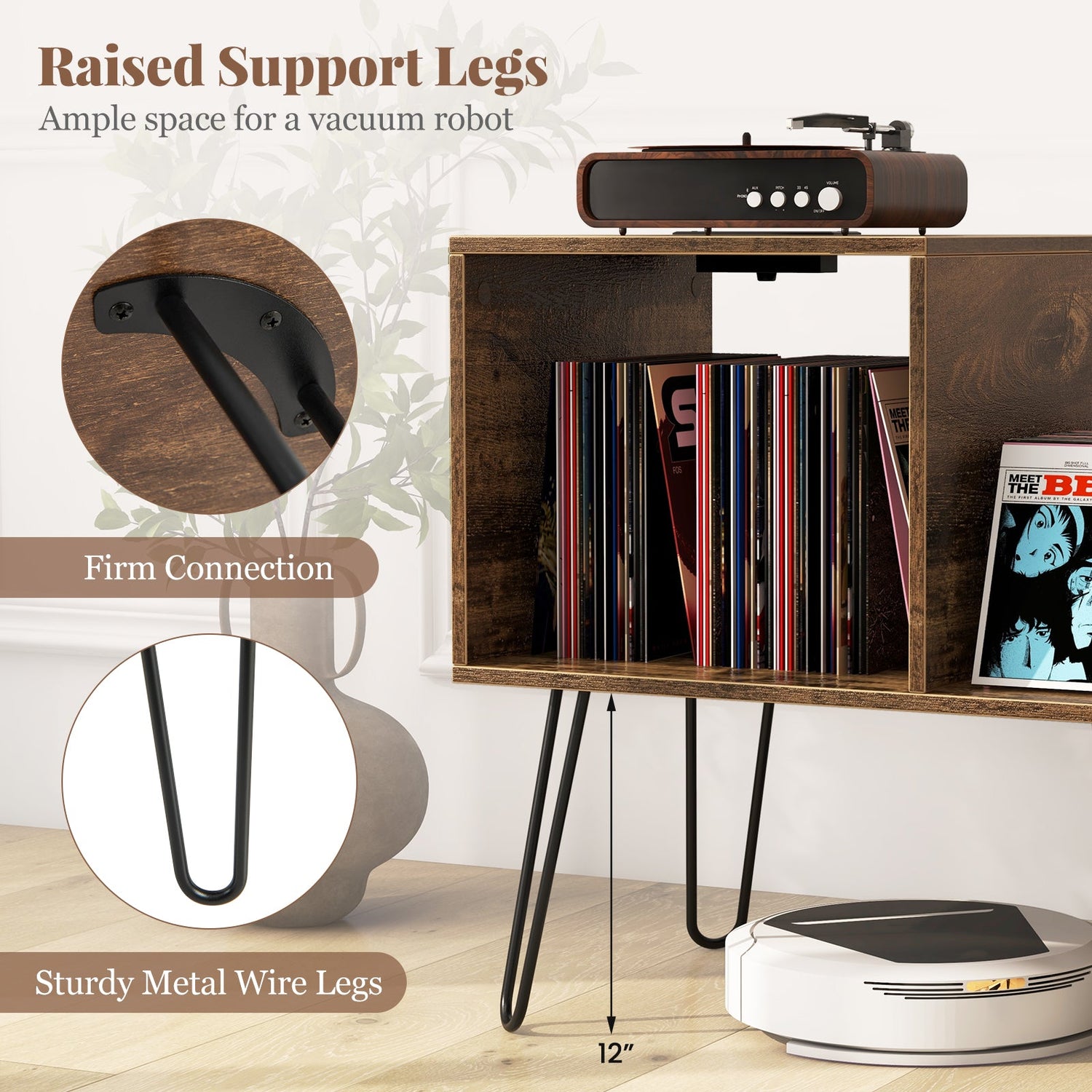 Mueble para tocadiscos de mediados de siglo con toma de corriente y divisor para vinilos