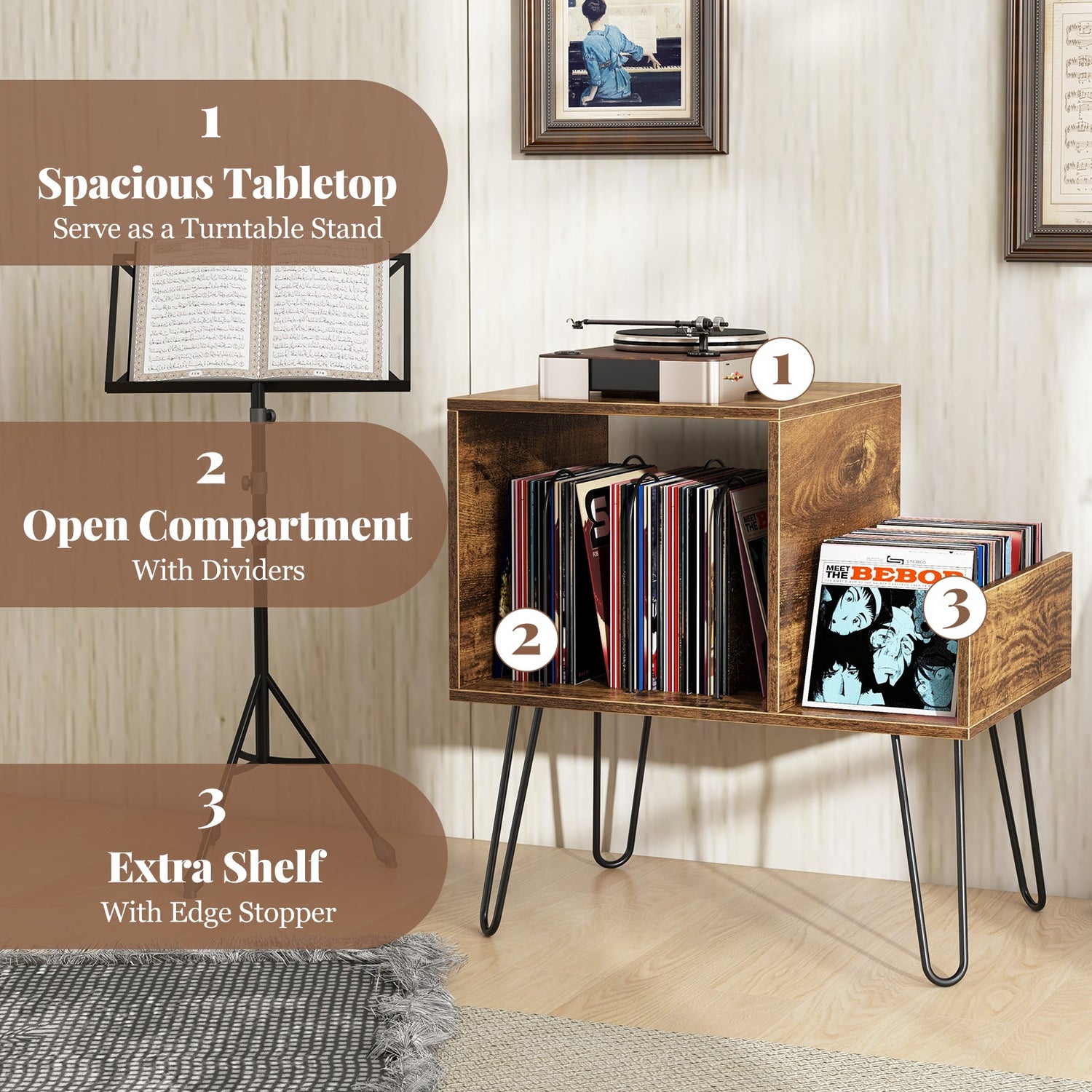 Mueble para tocadiscos de mediados de siglo con toma de corriente y divisor para vinilos