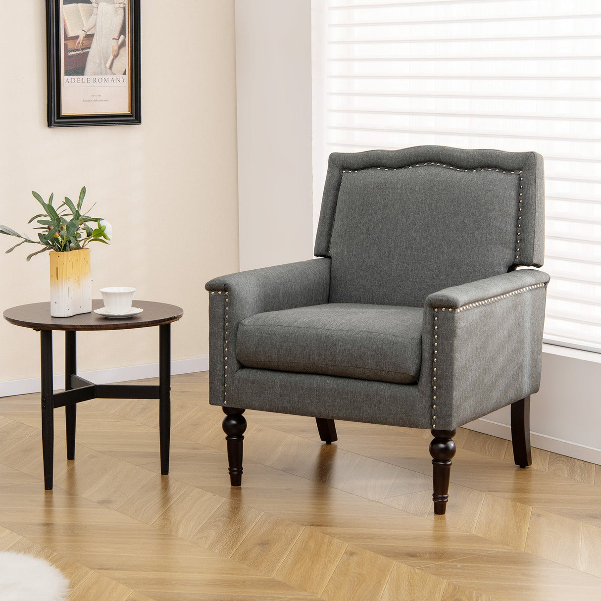 Sillón Moderno de Mediados de Siglo Tapizado en Lino con Cojín - Gris