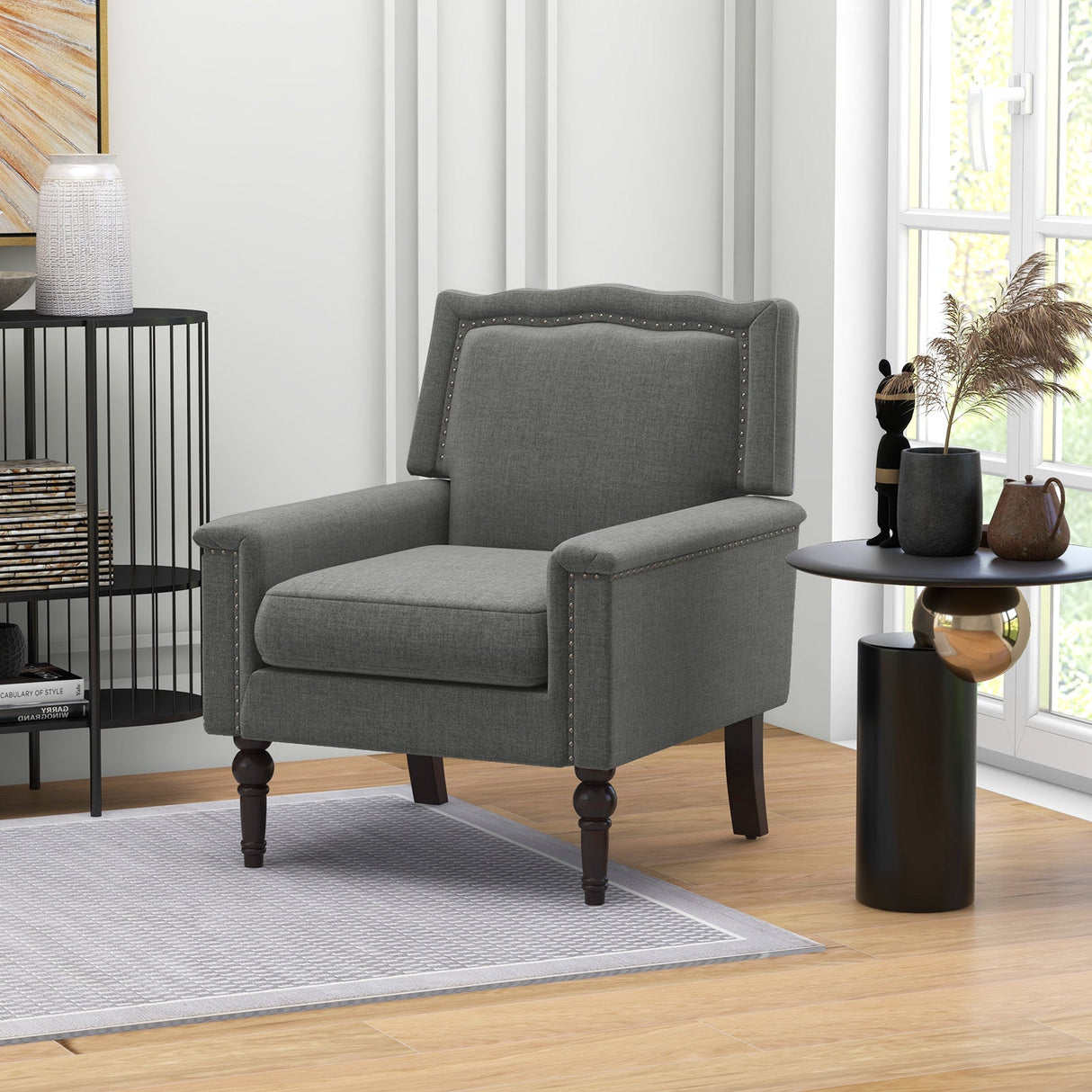 Sillón Moderno de Mediados de Siglo Tapizado en Lino con Cojín - Gris
