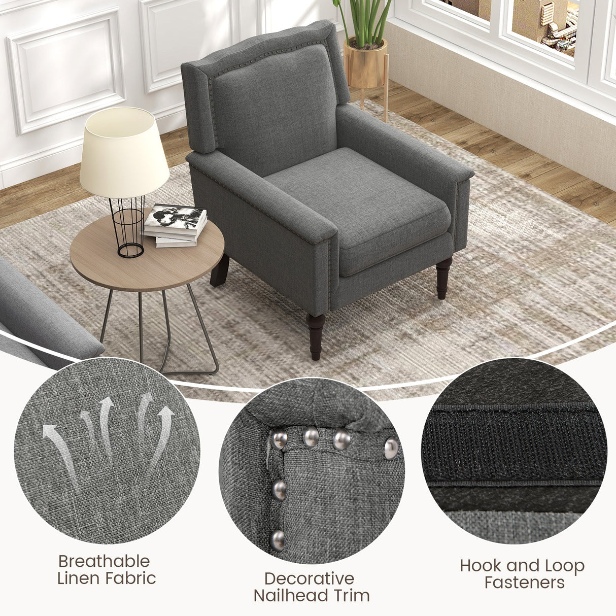 Sillón Moderno de Mediados de Siglo Tapizado en Lino con Cojín - Gris