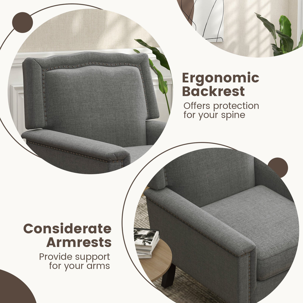 Sillón Moderno de Mediados de Siglo Tapizado en Lino con Cojín - Gris