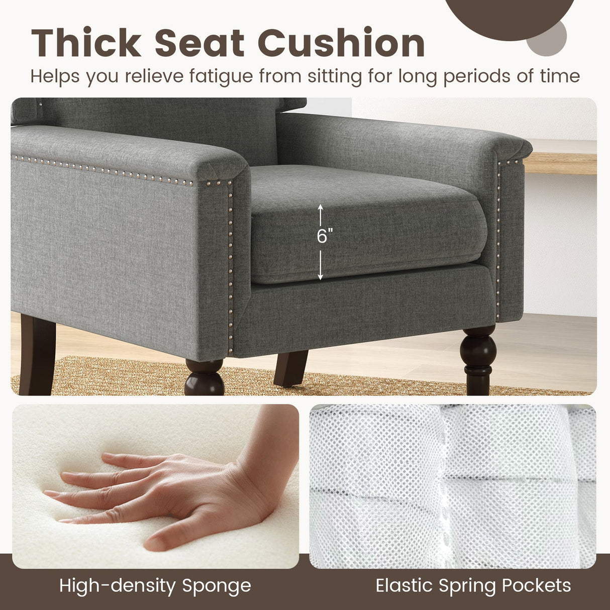 Sillón Moderno de Mediados de Siglo Tapizado en Lino con Cojín - Gris