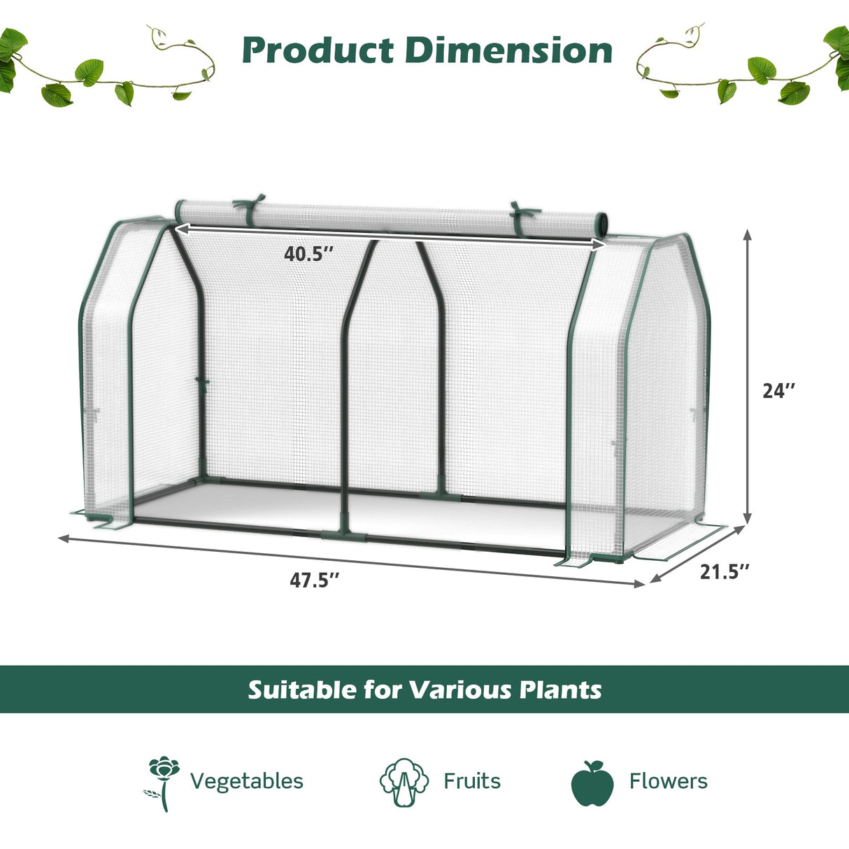 Mini invernadero de 47.5 x 21.5 x 24 pulgadas con puerta enrollable con cremallera