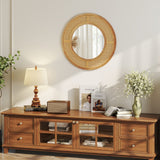 25.5 Inch Bohemian Round Wall Mounted Decorative Mirror with Wooden Frame-Natural