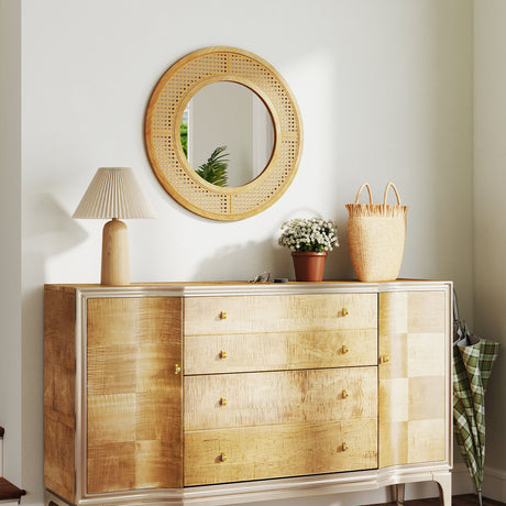 Espejo decorativo de pared redondo de estilo bohemio de 25.5 pulgadas con marco de madera - Natural
