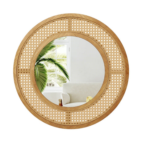 Espejo decorativo de pared redondo de estilo bohemio de 25.5 pulgadas con marco de madera - Natural
