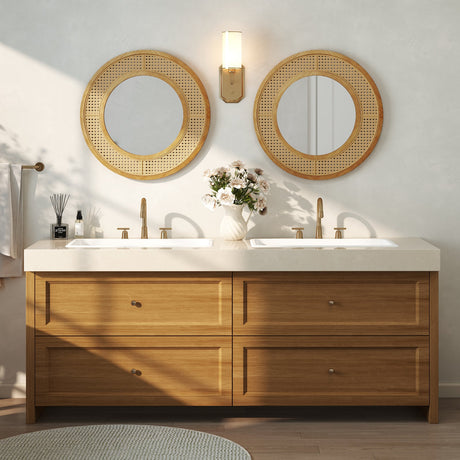 Espejo decorativo de pared redondo de estilo bohemio de 25.5 pulgadas con marco de madera - Natural