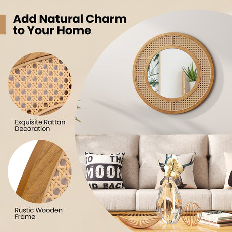 Espejo decorativo de pared redondo de estilo bohemio de 25.5 pulgadas con marco de madera - Natural