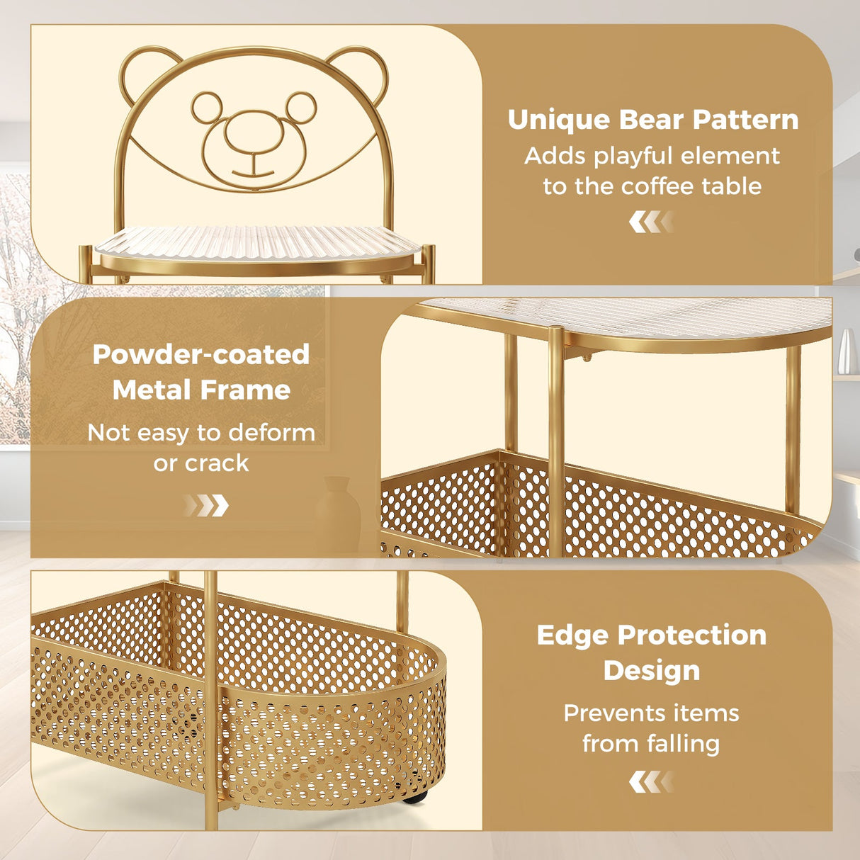 Mesa de centro móvil de cristal de 2 niveles con patrón de oso