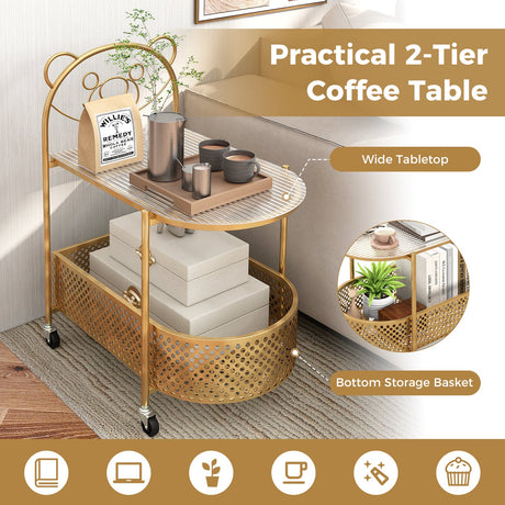 Mesa de centro móvil de cristal de 2 niveles con patrón de oso