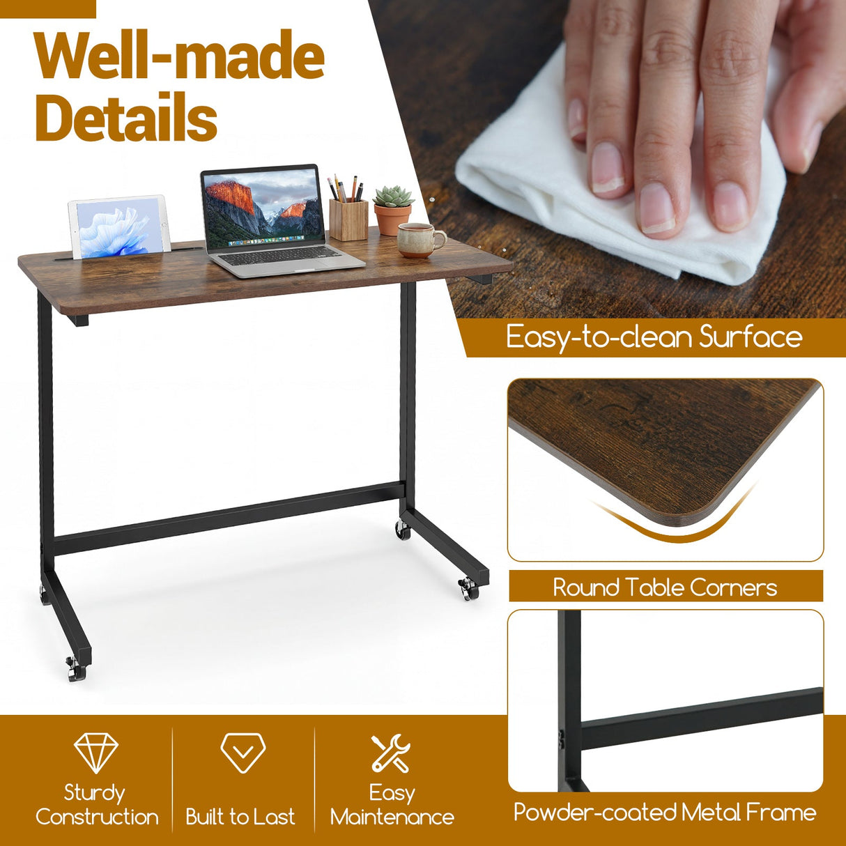 Mesa auxiliar móvil Carrito de escritorio con ruedas para laptop con ranura para tablet - Marrón rústico