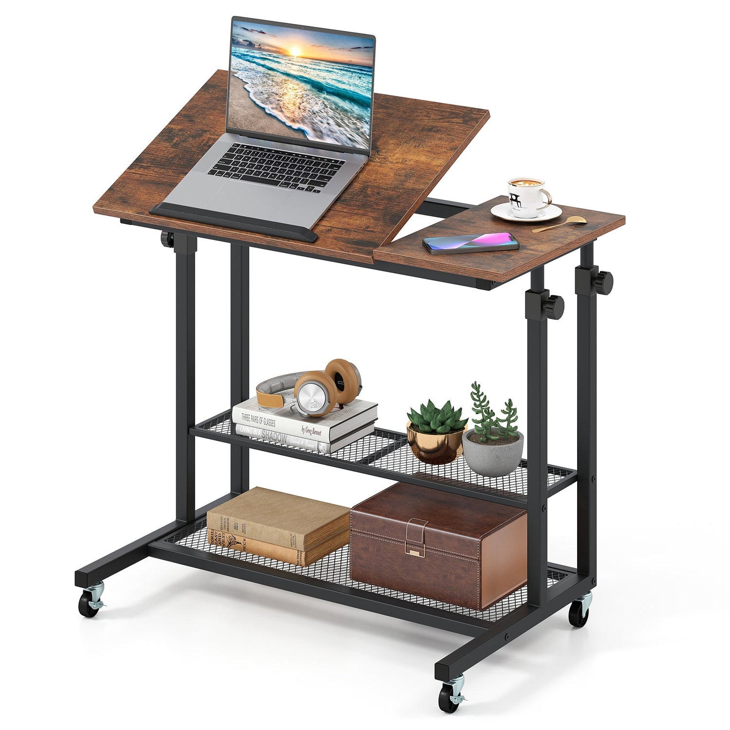Mesa de pie móvil de altura ajustable con tablero inclinable