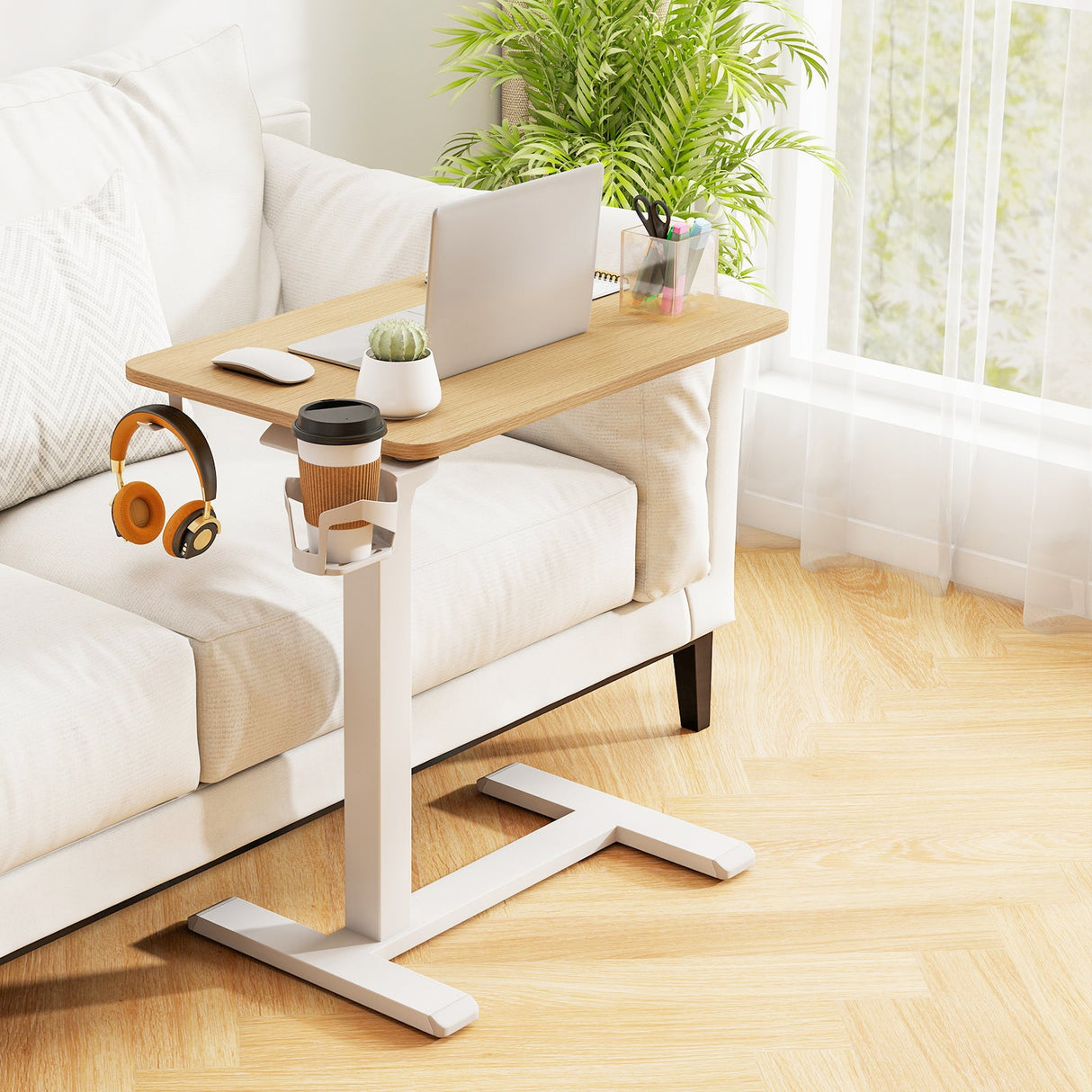 Mesa auxiliar de cama móvil de altura regulable con soporte para vasos
