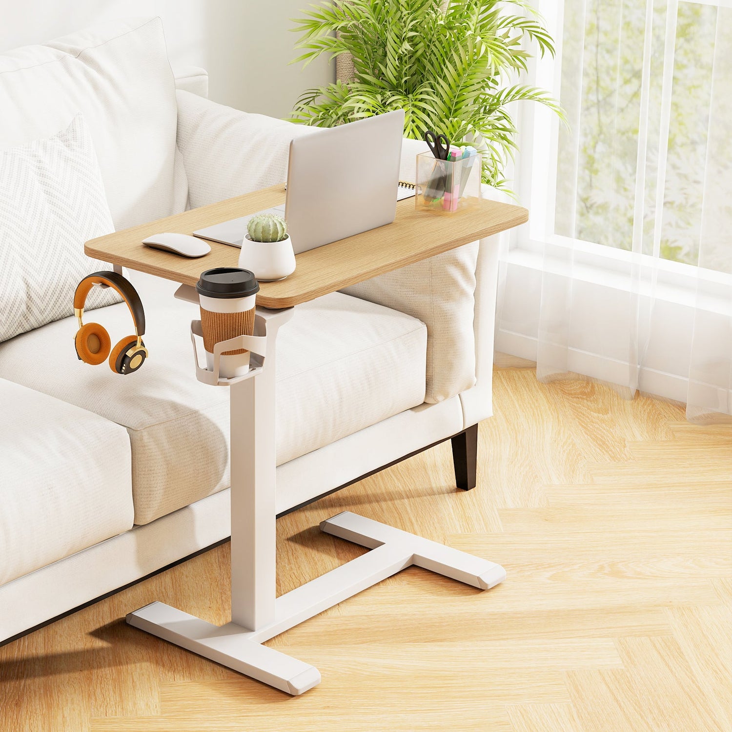 Mesa auxiliar de cama móvil de altura regulable con soporte para vasos