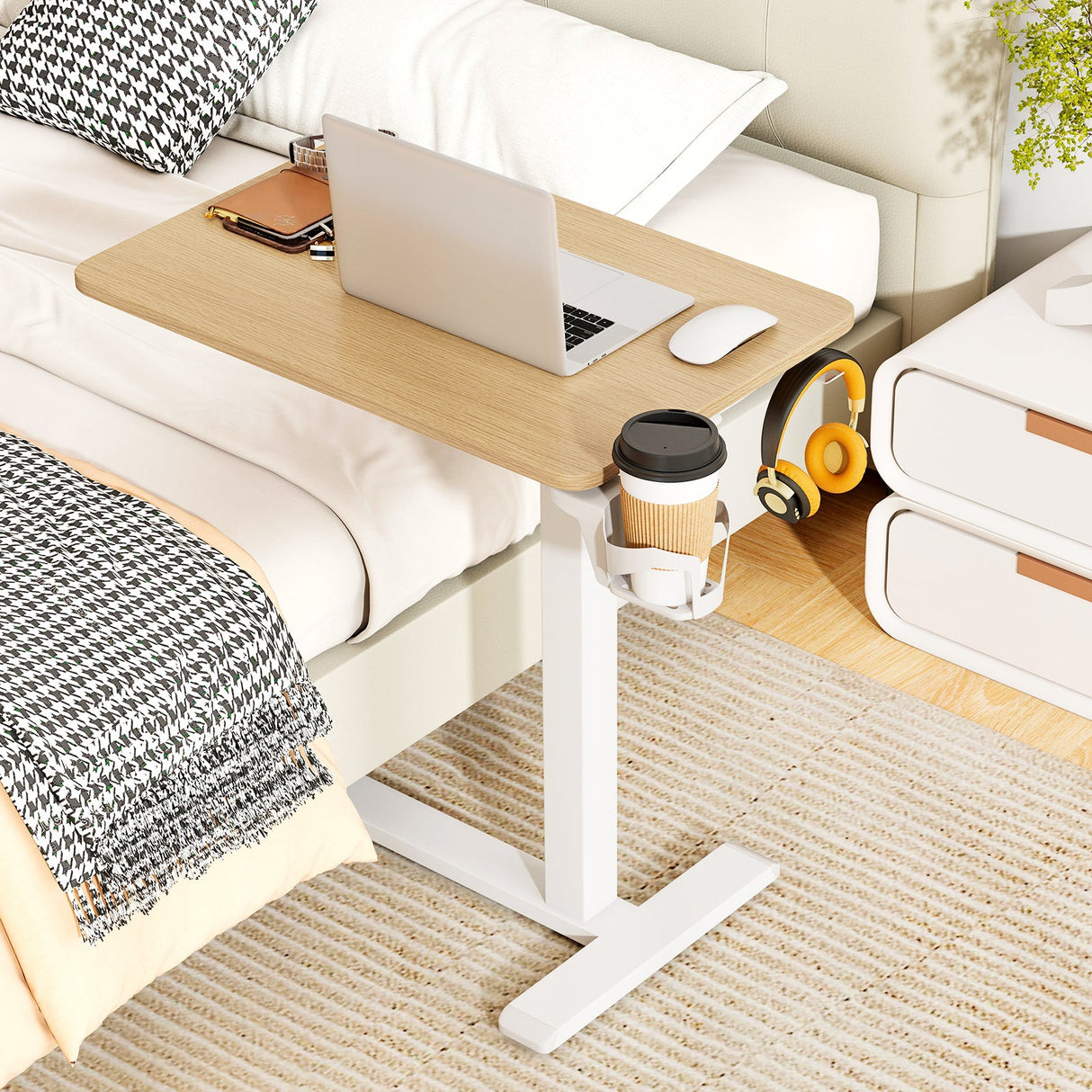 Mesa auxiliar de cama móvil de altura regulable con soporte para vasos