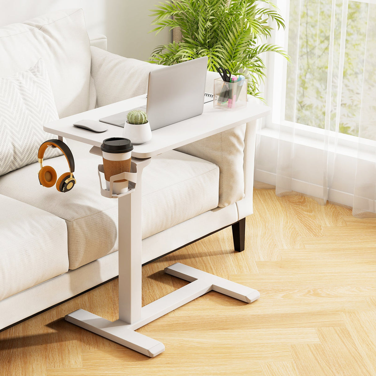 Mesa auxiliar de cama móvil de altura regulable con soporte para vasos