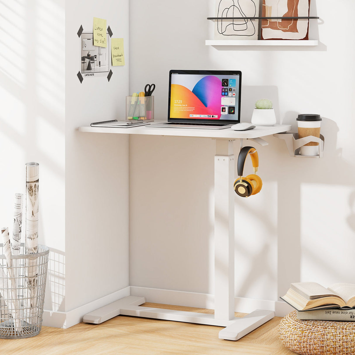Mesa auxiliar de cama móvil de altura regulable con soporte para vasos