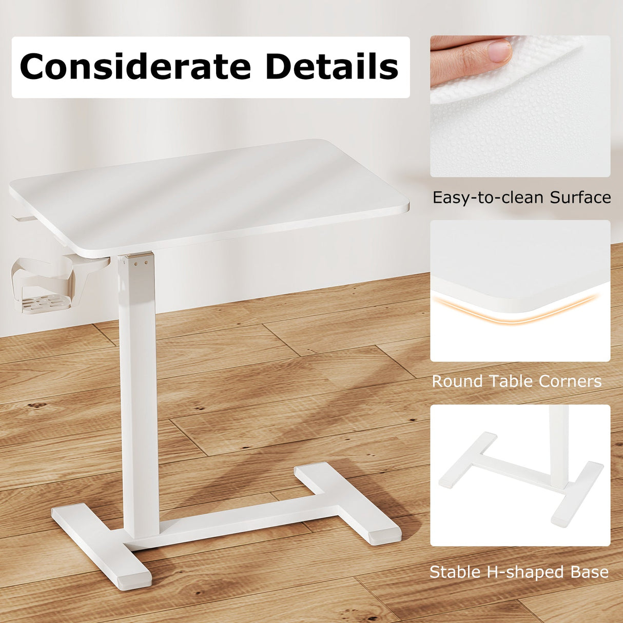 Mesa auxiliar de cama móvil de altura regulable con soporte para vasos