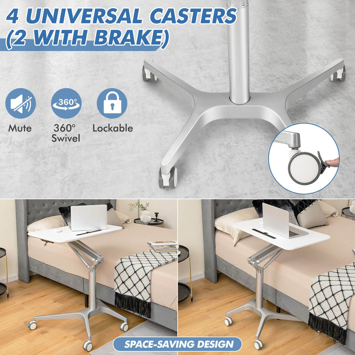 Mobile Standing Laptop Desk with Tablet Holder and 4 Rolling Casters-White
