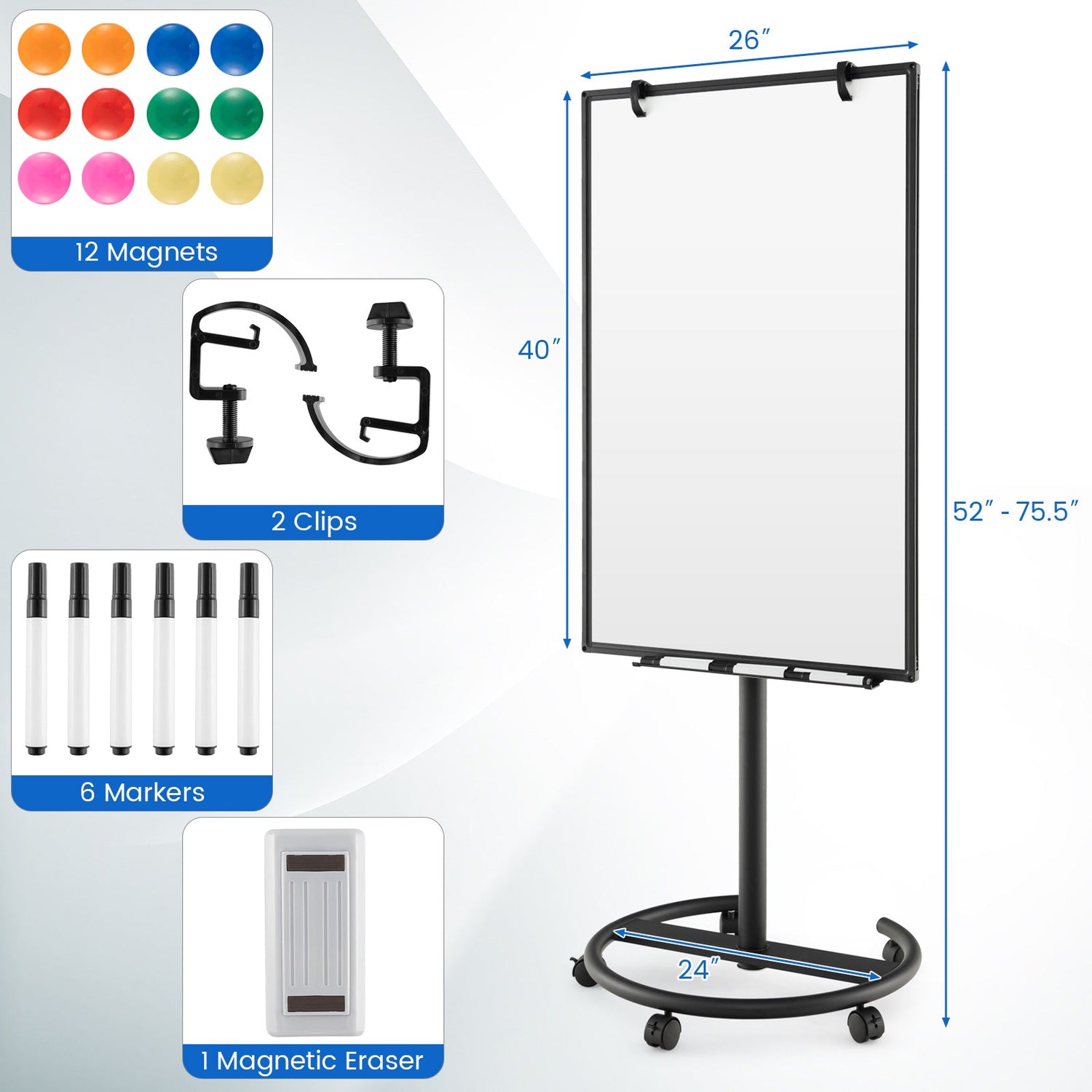 Height-Adjustable Mobile Whiteboard with Round Stand Paper Clips