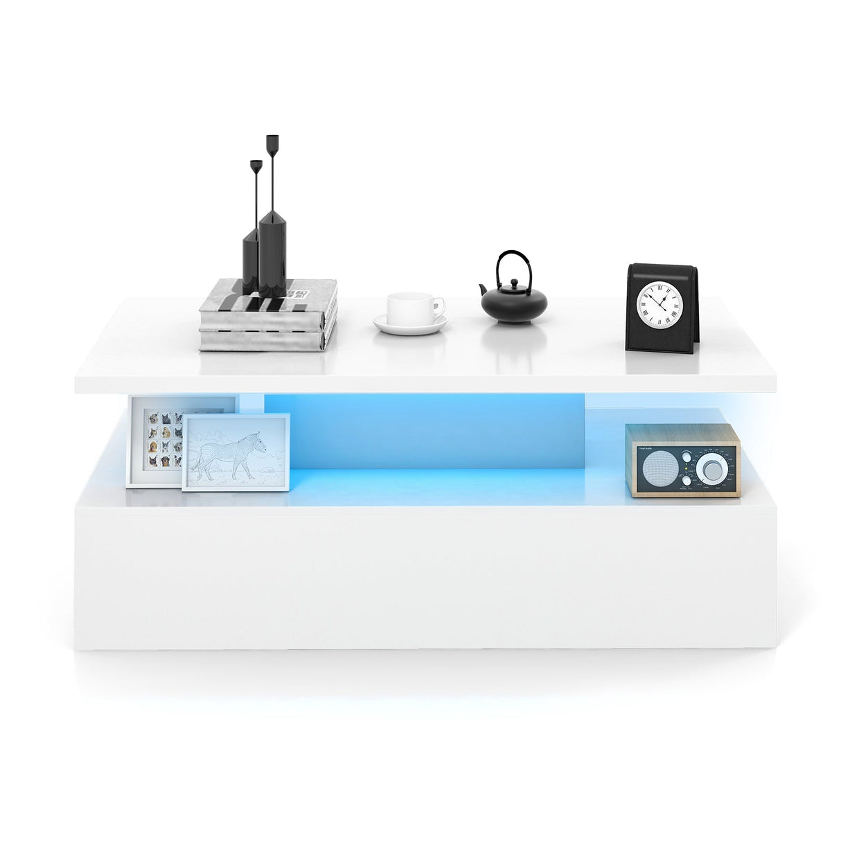 Mesa moderna de dos niveles con acabado brillante y colores de luz ajustables para sala de estar
