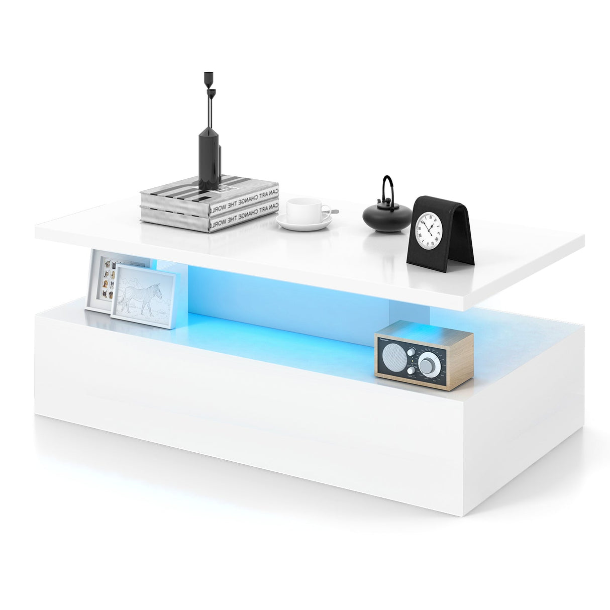 Mesa moderna de dos niveles con acabado brillante y colores de luz ajustables para sala de estar