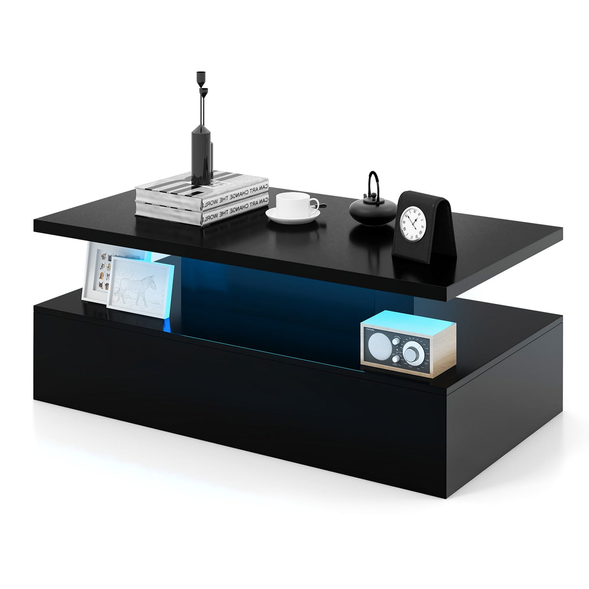 Mesa moderna de dos niveles con acabado brillante y colores de luz ajustables para sala de estar